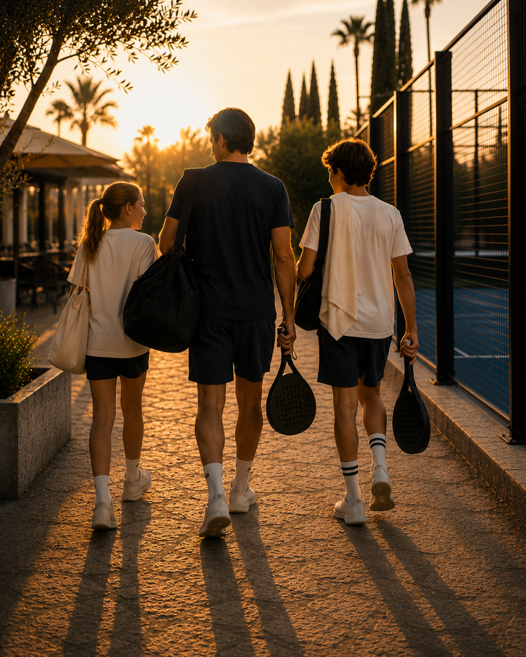 Father and children walking from a padel court at sunset – Father's Day Edit by Golden Point